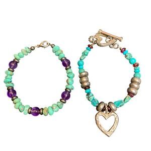 Genuine Turquoise and Amethyst Glass Beaded Heart Bracelets